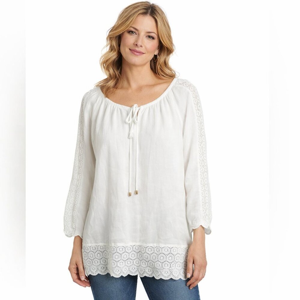 Charter Club White Lace Trim Peasant Blouse Tie Front Boho Linen Top Sz M